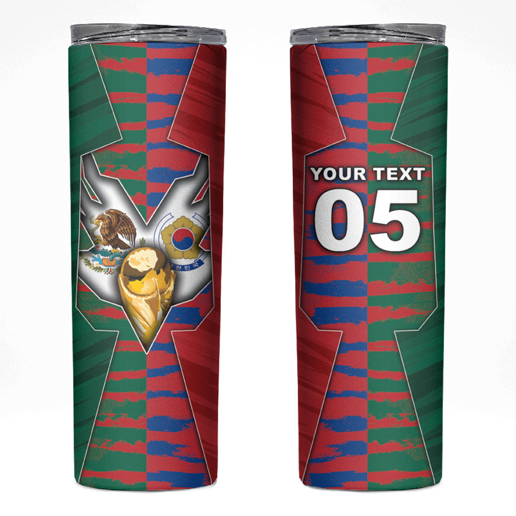 Custom Mexico And Korean Football Skinny Tumbler Split Flag Golden Trophy Grunge