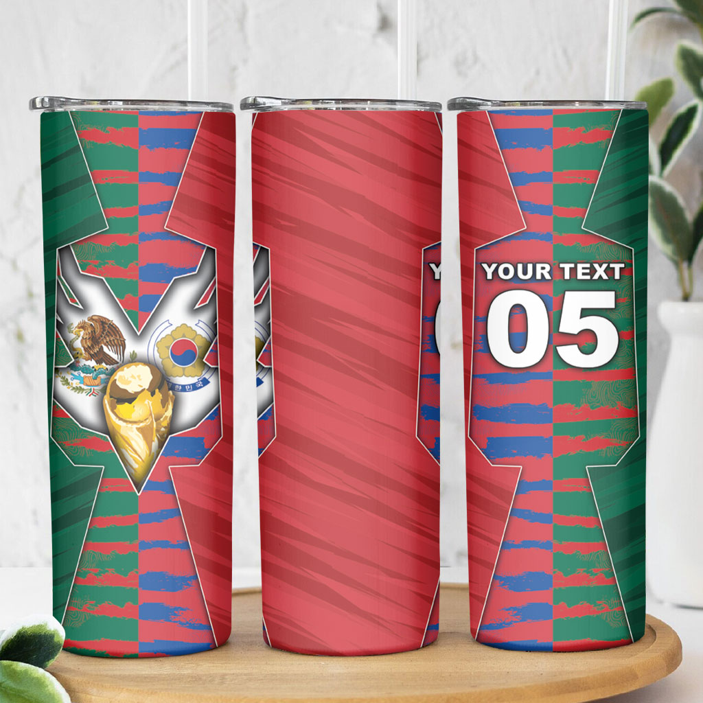 Custom Mexico And Korean Football Skinny Tumbler Split Flag Golden Trophy Grunge