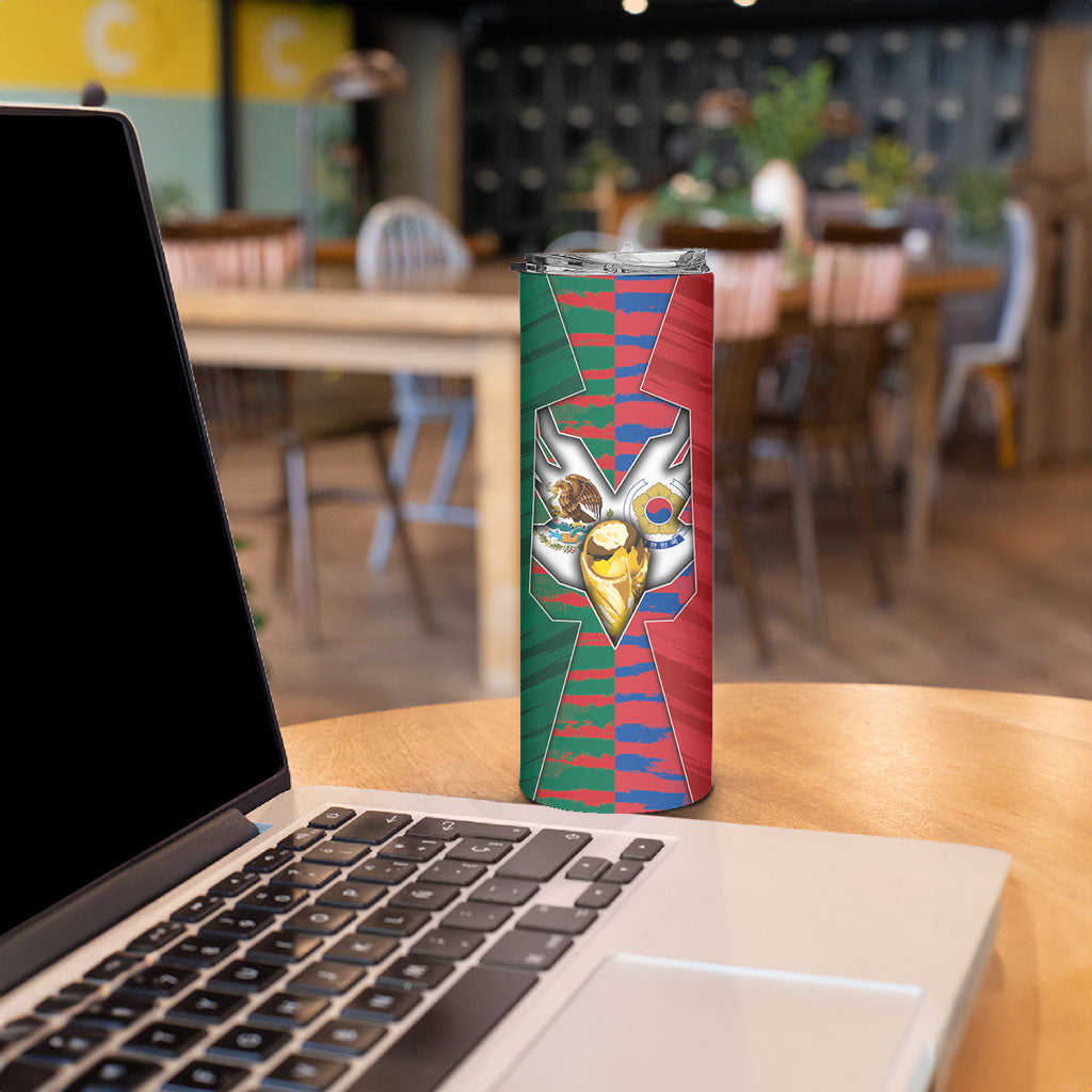 Custom Mexico And Korean Football Skinny Tumbler Split Flag Golden Trophy Grunge