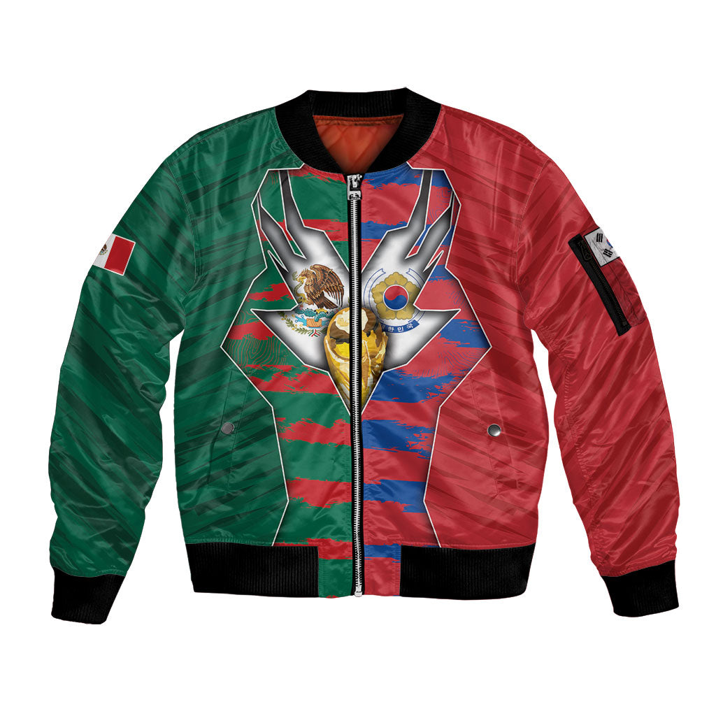 Custom Mexico And Korean Football Sleeve Zip Bomber Jacket Split Flag Golden Trophy Grunge