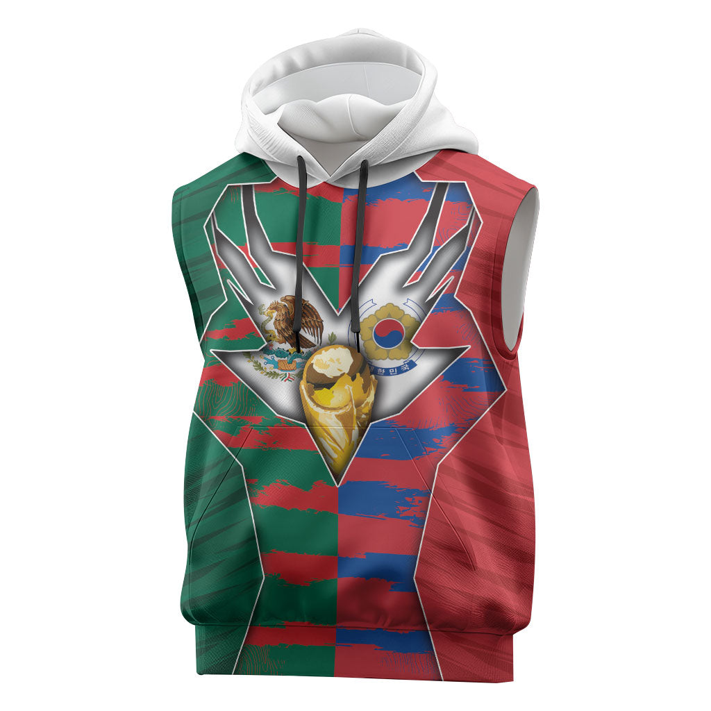 Custom Mexico And Korean Football Sleeveless Hoodie Split Flag Golden Trophy Grunge