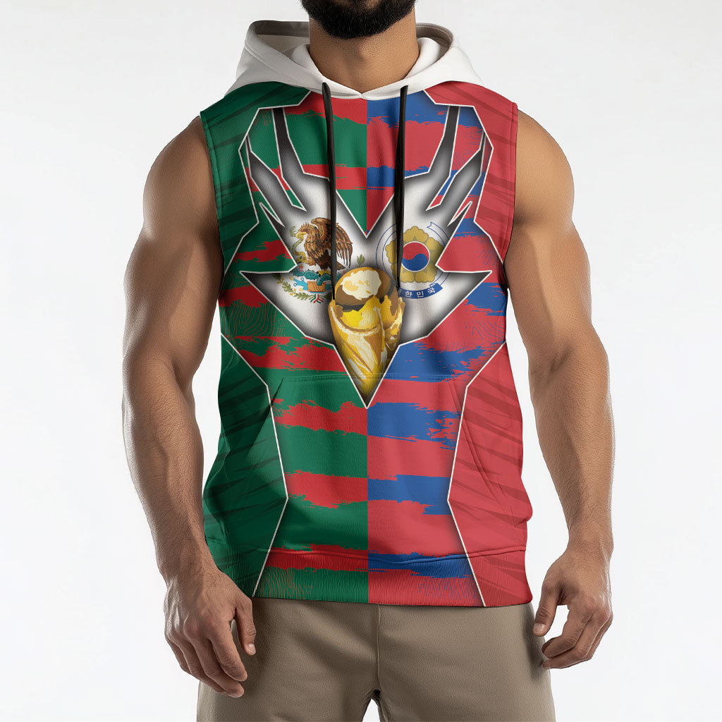 Custom Mexico And Korean Football Sleeveless Hoodie Split Flag Golden Trophy Grunge