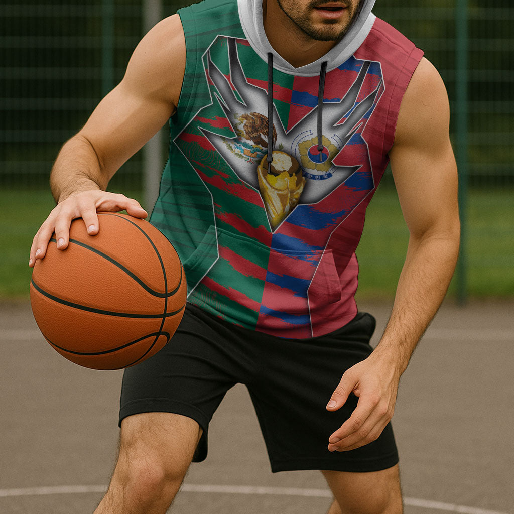 Custom Mexico And Korean Football Sleeveless Hoodie Split Flag Golden Trophy Grunge