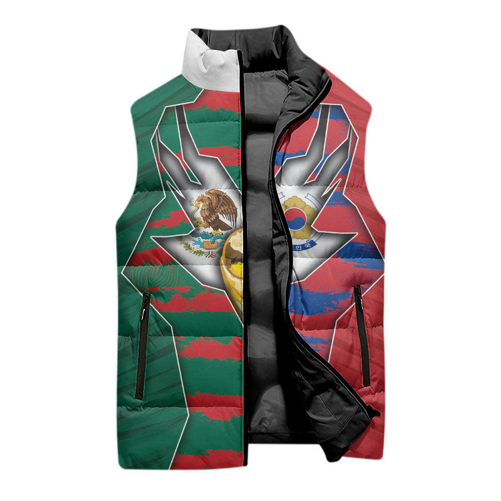 Custom Mexico And Korean Football Sleeveless Puffer Jacket Split Flag Golden Trophy Grunge
