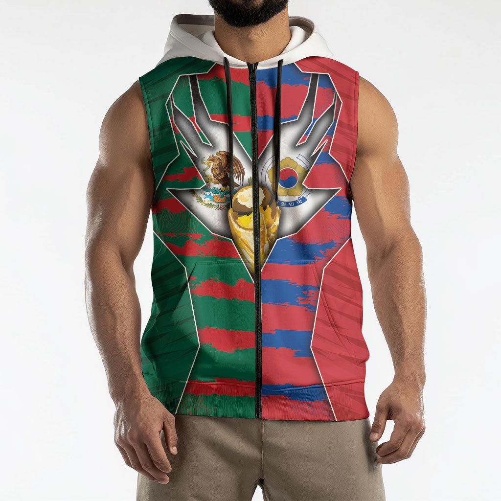 Custom Mexico And Korean Football Sleeveless Zip Hoodie Split Flag Golden Trophy Grunge