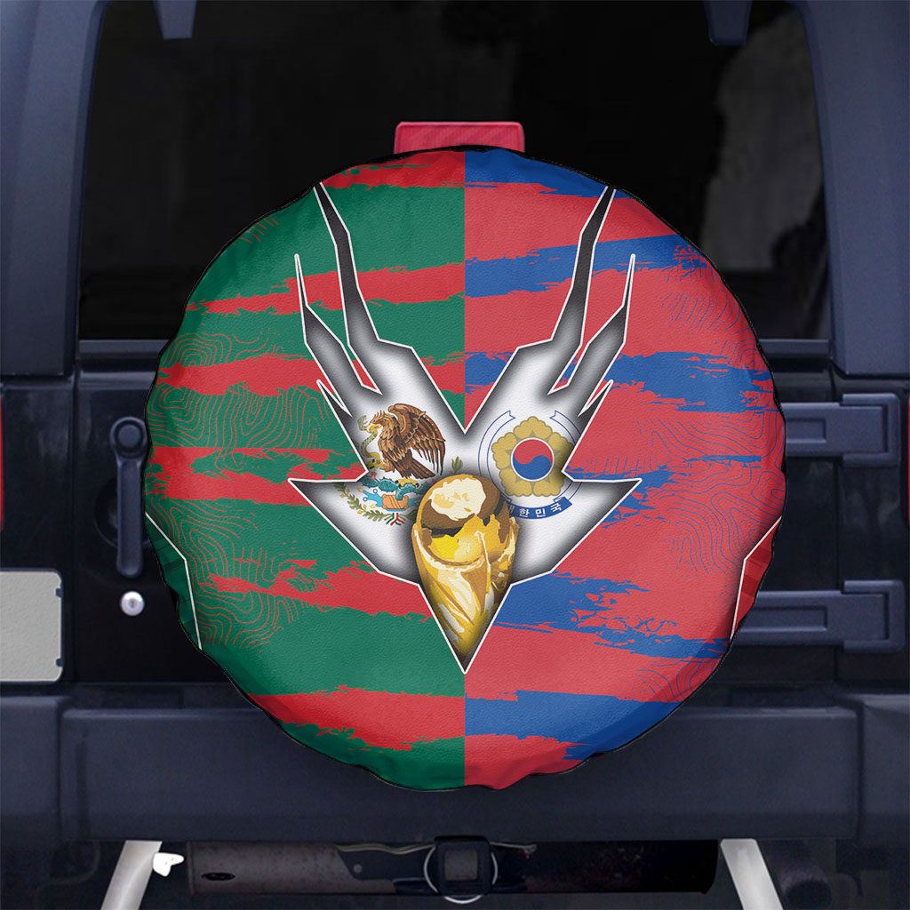 Mexico And Korean Football Spare Tire Cover Split Flag Golden Trophy Grunge