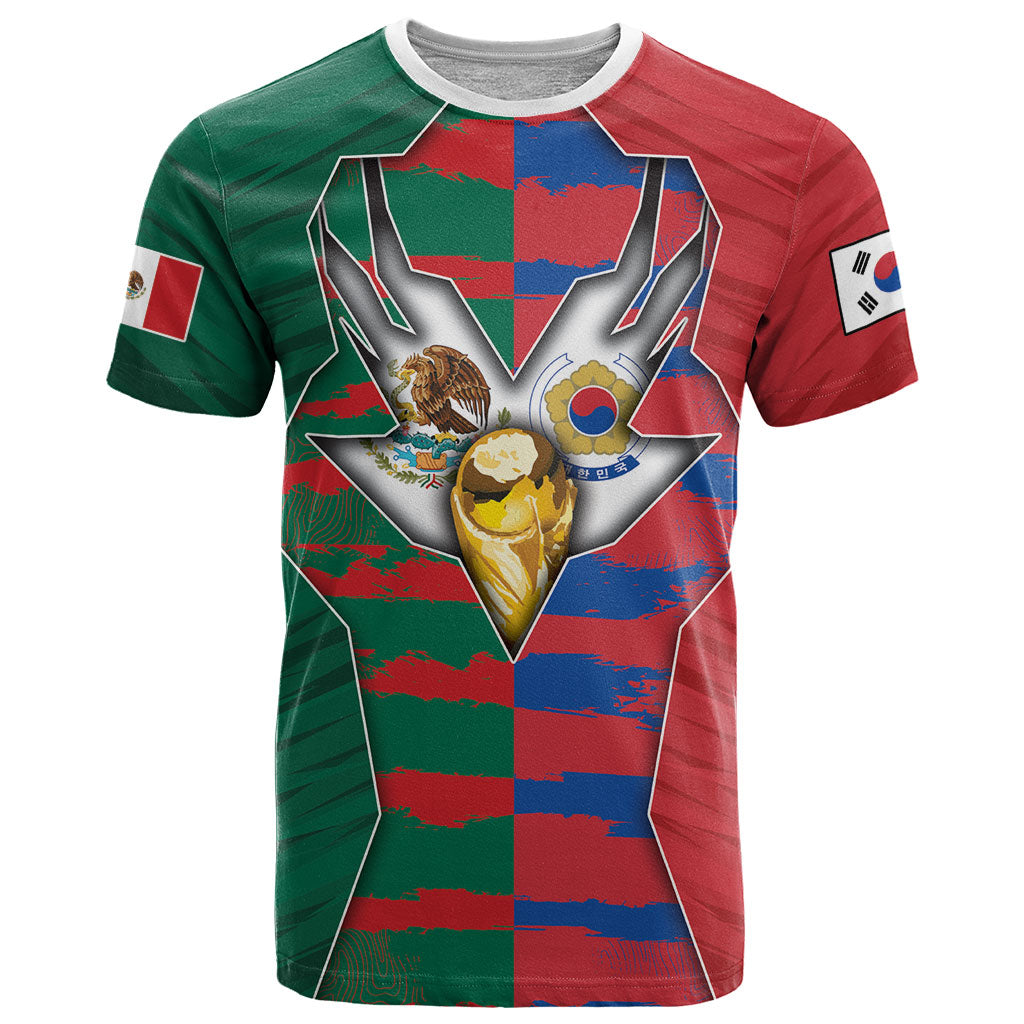 Custom Mexico And Korean Football T Shirt Split Flag Golden Trophy Grunge