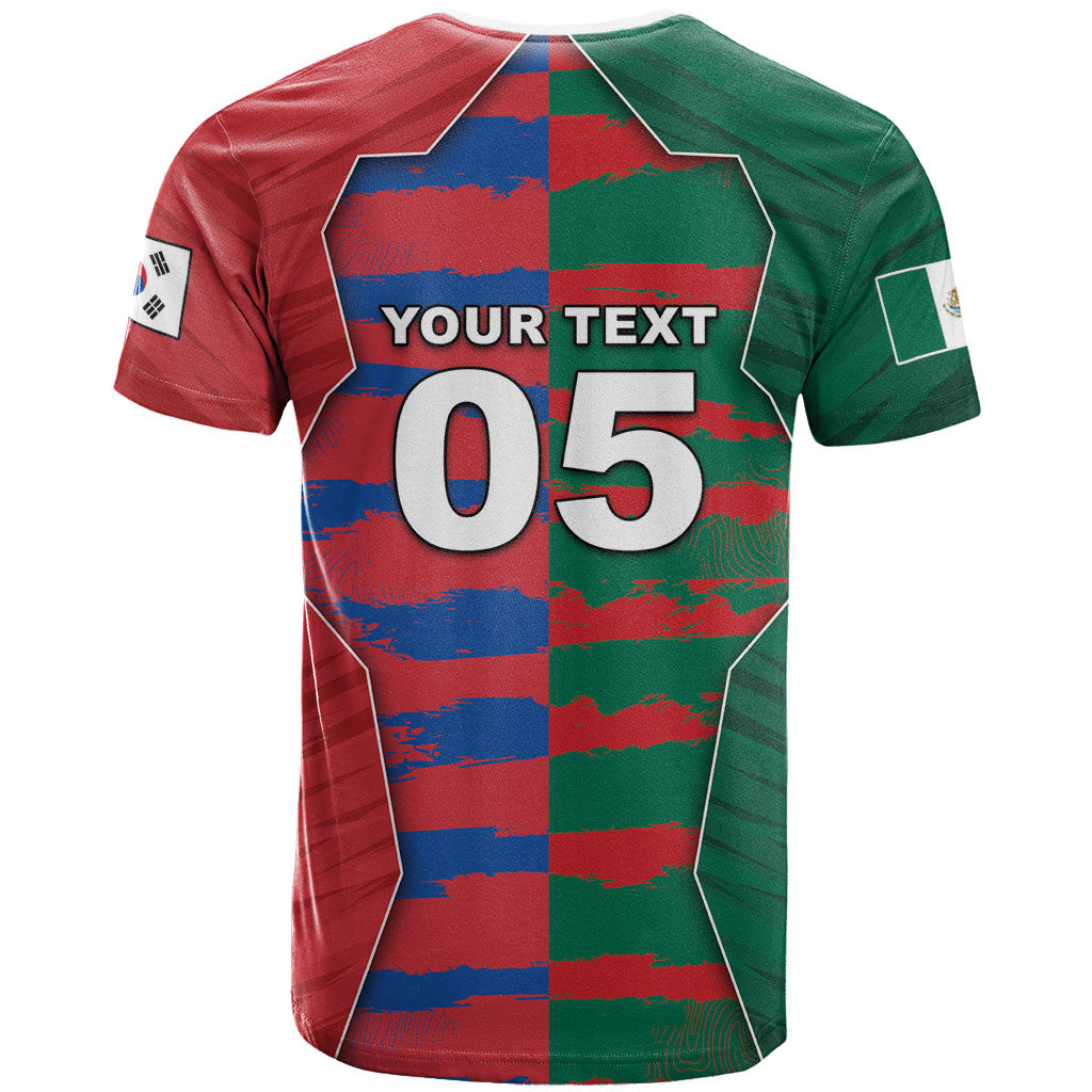 Custom Mexico And Korean Football T Shirt Split Flag Golden Trophy Grunge
