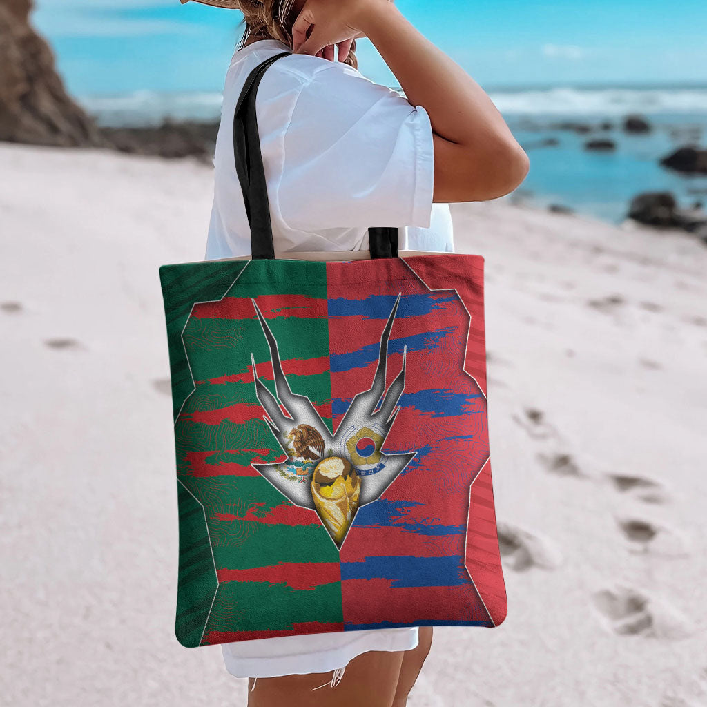 Mexico And Korean Football Tote Bag Split Flag Golden Trophy Grunge