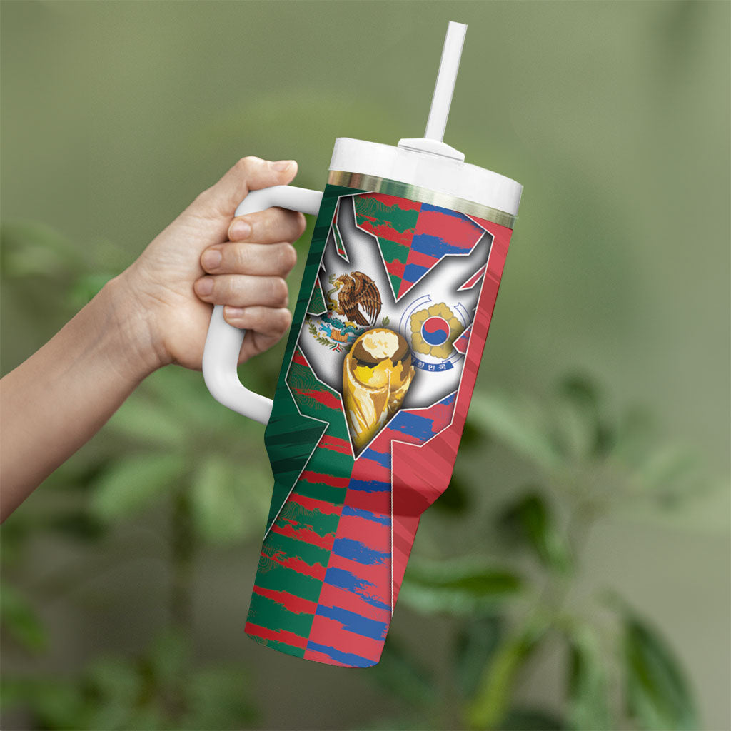 Custom Mexico And Korean Football Tumbler With Handle Split Flag Golden Trophy Grunge