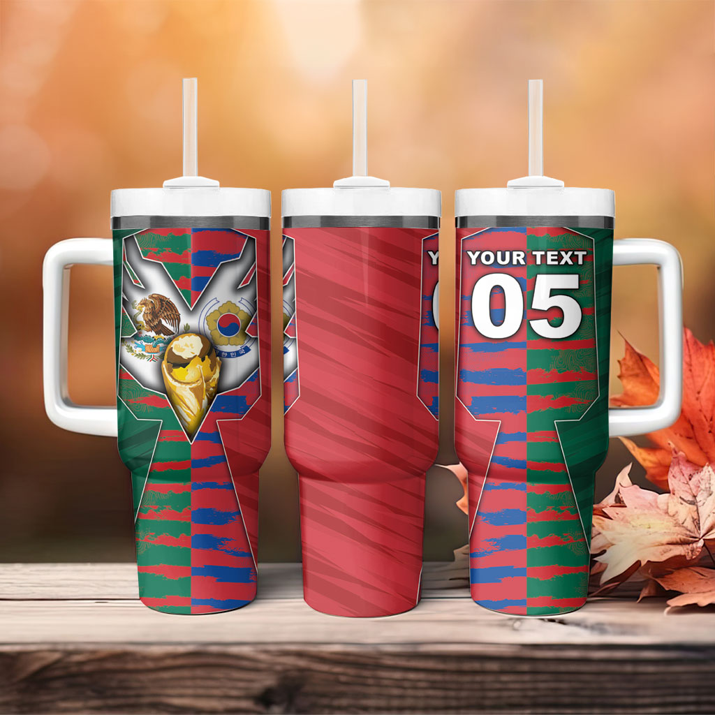 Custom Mexico And Korean Football Tumbler With Handle Split Flag Golden Trophy Grunge