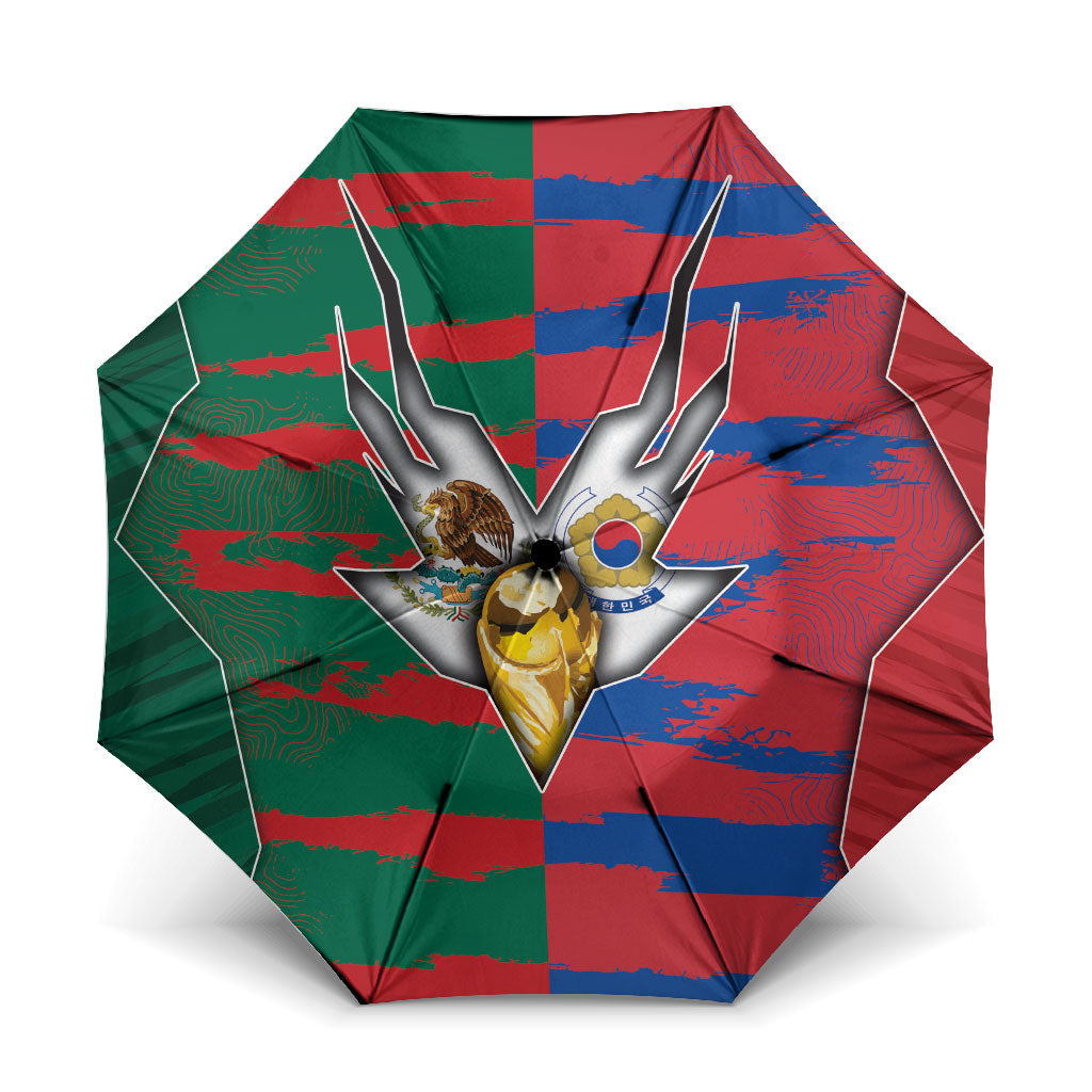 Mexico And Korean Football Umbrella Split Flag Golden Trophy Grunge