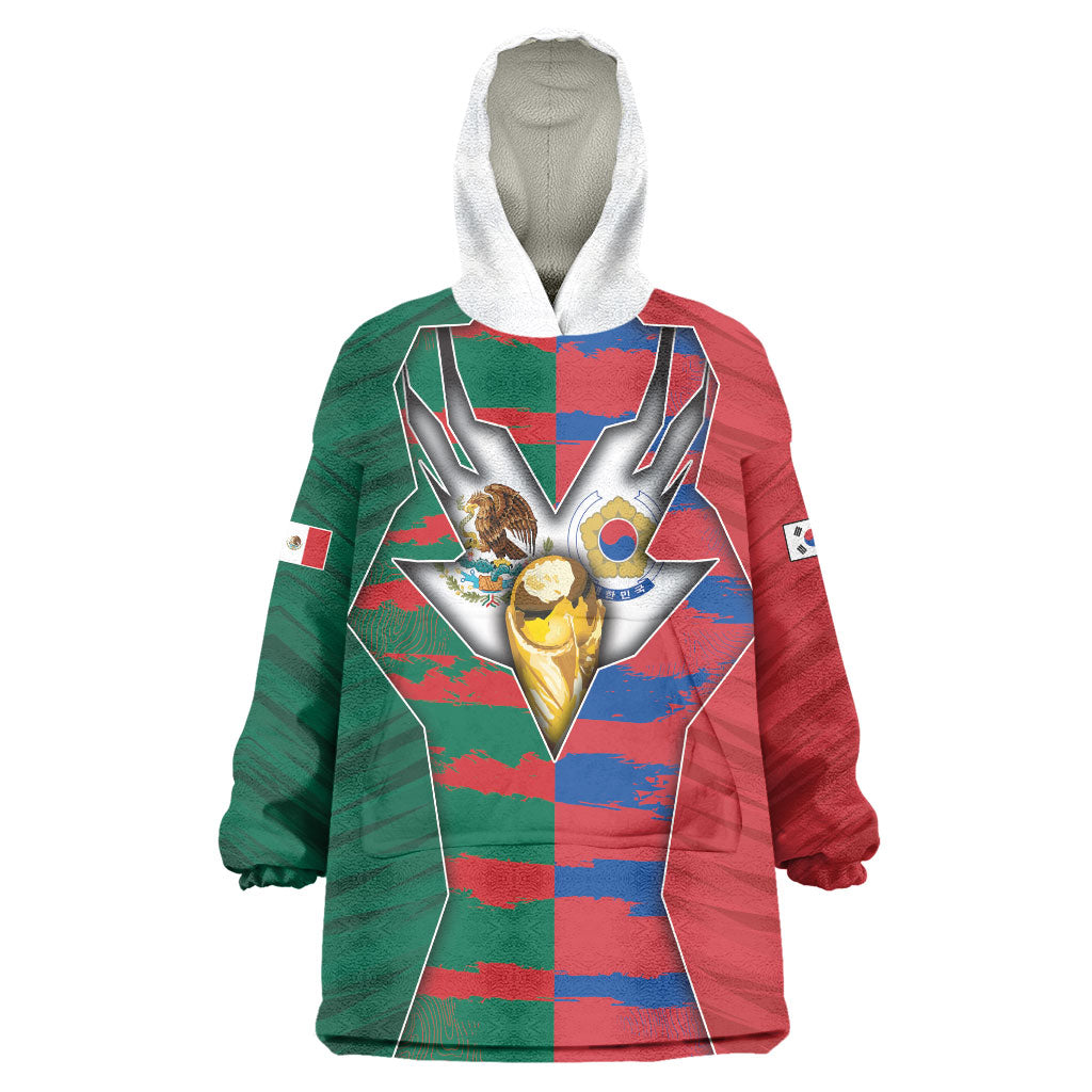 Custom Mexico And Korean Football Wearable Blanket Hoodie Split Flag Golden Trophy Grunge
