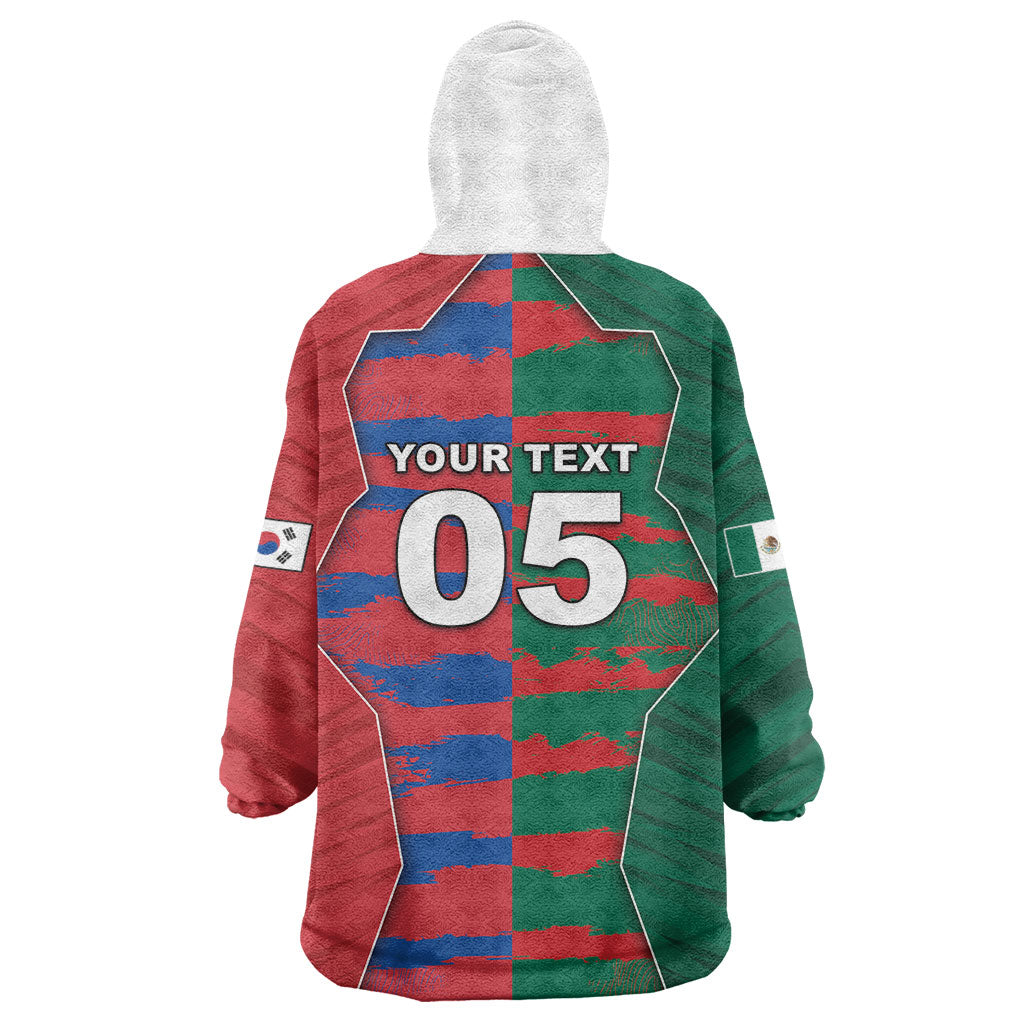 Custom Mexico And Korean Football Wearable Blanket Hoodie Split Flag Golden Trophy Grunge
