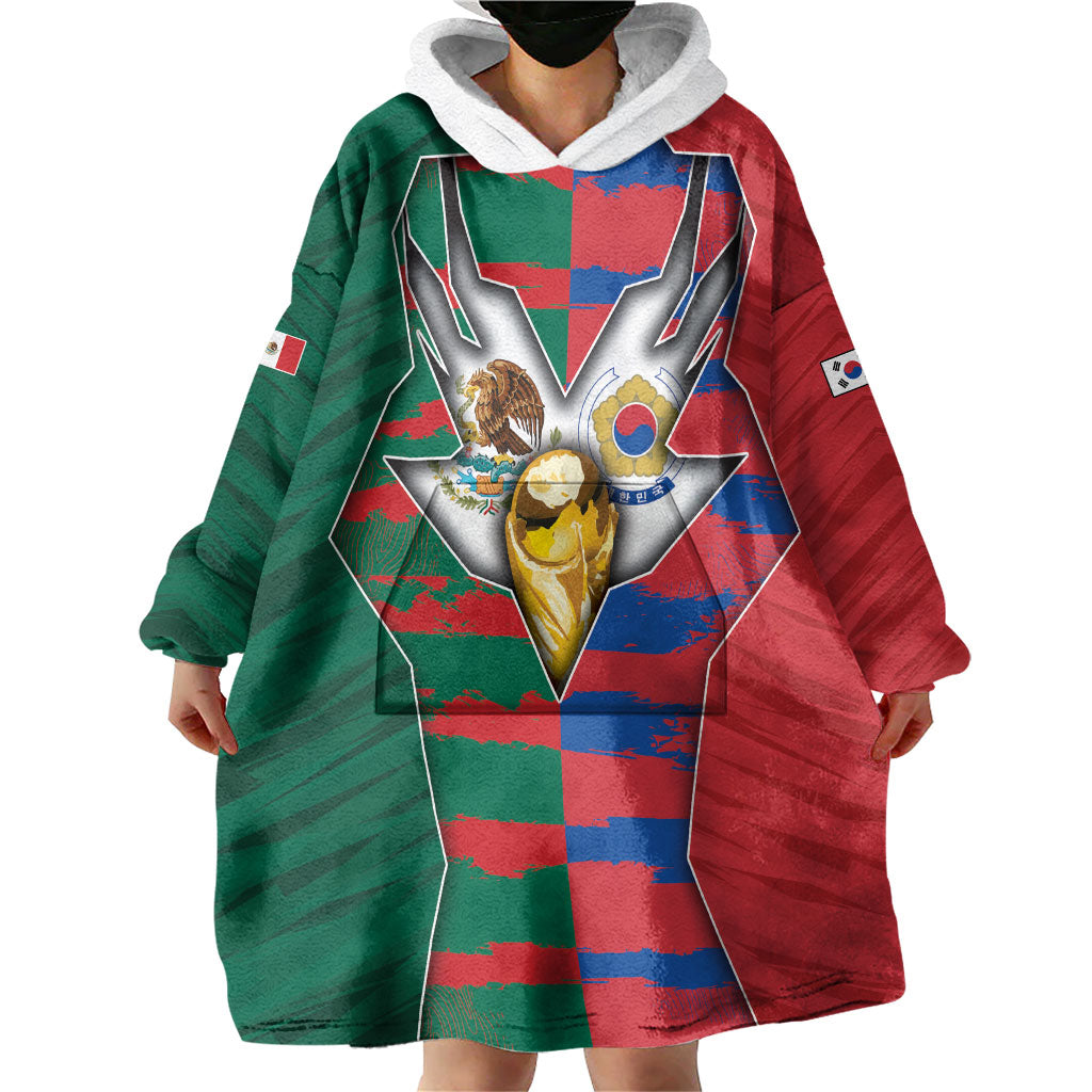 Custom Mexico And Korean Football Wearable Blanket Hoodie Split Flag Golden Trophy Grunge