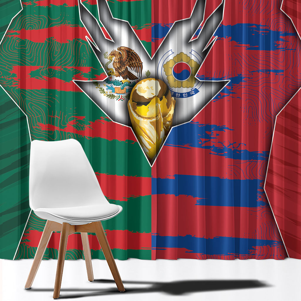 Mexico And Korean Football Window Curtain Split Flag Golden Trophy Grunge