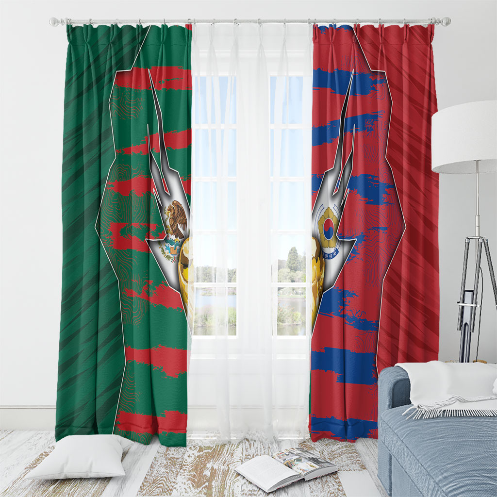 Mexico And Korean Football Window Curtain Split Flag Golden Trophy Grunge