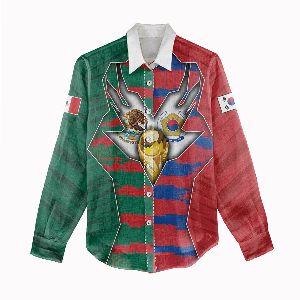 Custom Mexico And Korean Football Women Casual Shirt Split Flag Golden Trophy Grunge