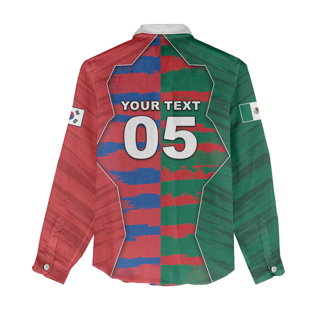 Custom Mexico And Korean Football Women Casual Shirt Split Flag Golden Trophy Grunge
