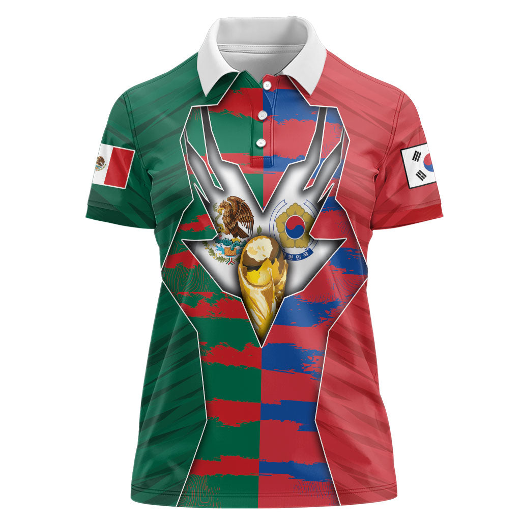 Custom Mexico And Korean Football Women Polo Shirt Split Flag Golden Trophy Grunge