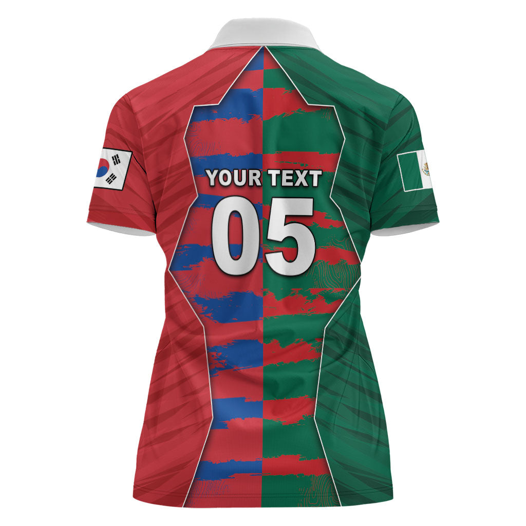 Custom Mexico And Korean Football Women Polo Shirt Split Flag Golden Trophy Grunge
