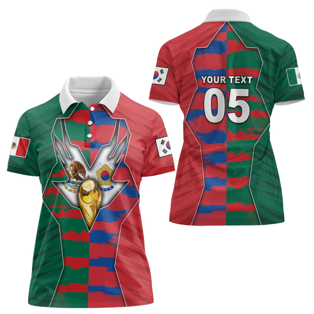Custom Mexico And Korean Football Women Polo Shirt Split Flag Golden Trophy Grunge