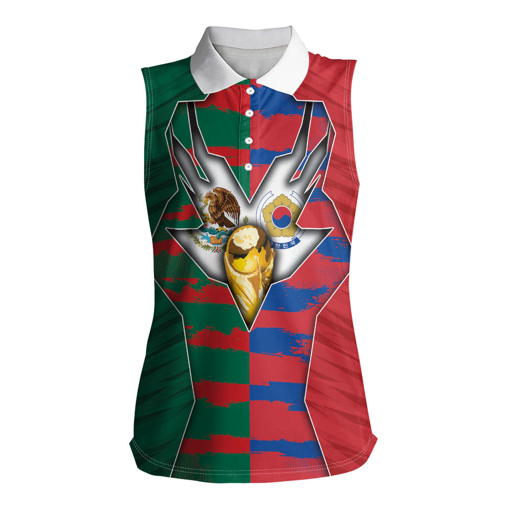 Custom Mexico And Korean Football Women Sleeveless Polo Shirt Split Flag Golden Trophy Grunge