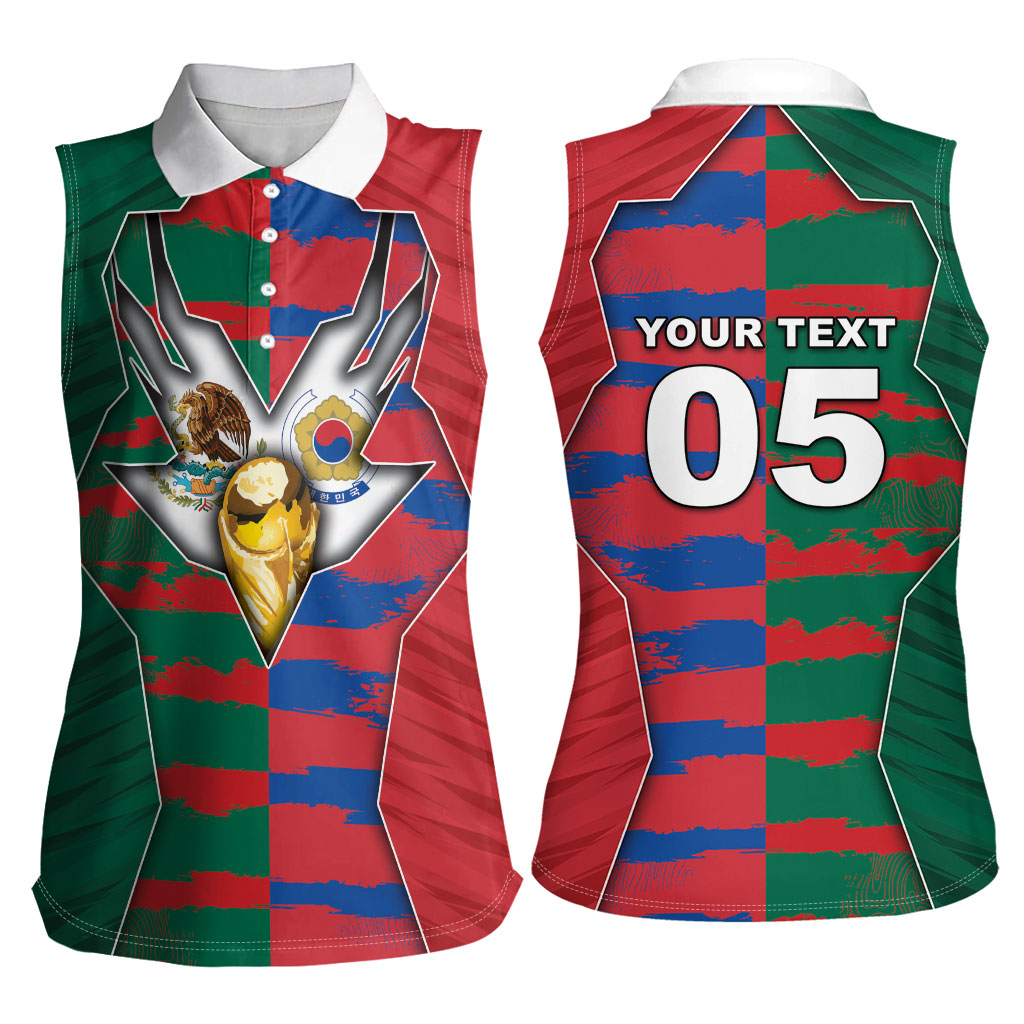 Custom Mexico And Korean Football Women Sleeveless Polo Shirt Split Flag Golden Trophy Grunge