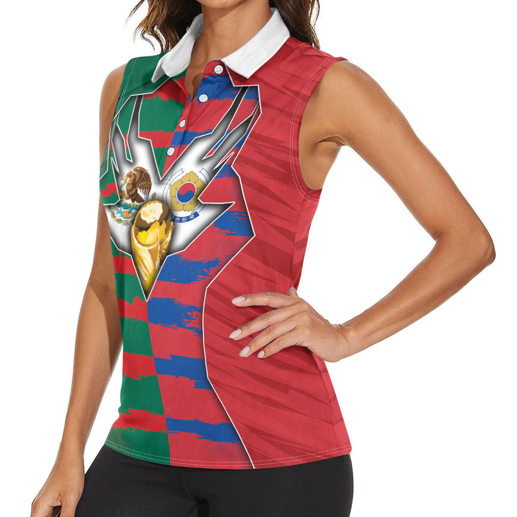 Custom Mexico And Korean Football Women Sleeveless Polo Shirt Split Flag Golden Trophy Grunge