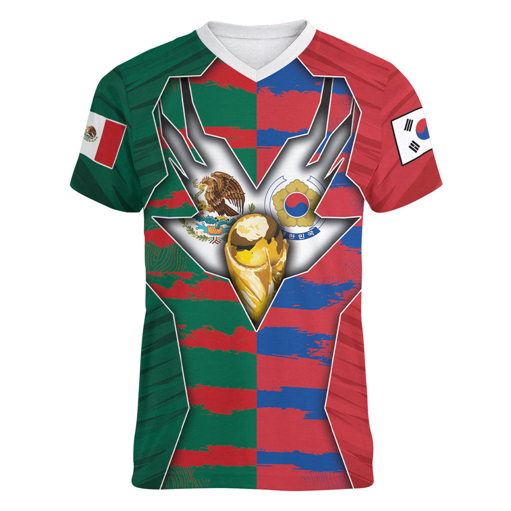 Custom Mexico And Korean Football Women V-Neck T-Shirt Split Flag Golden Trophy Grunge