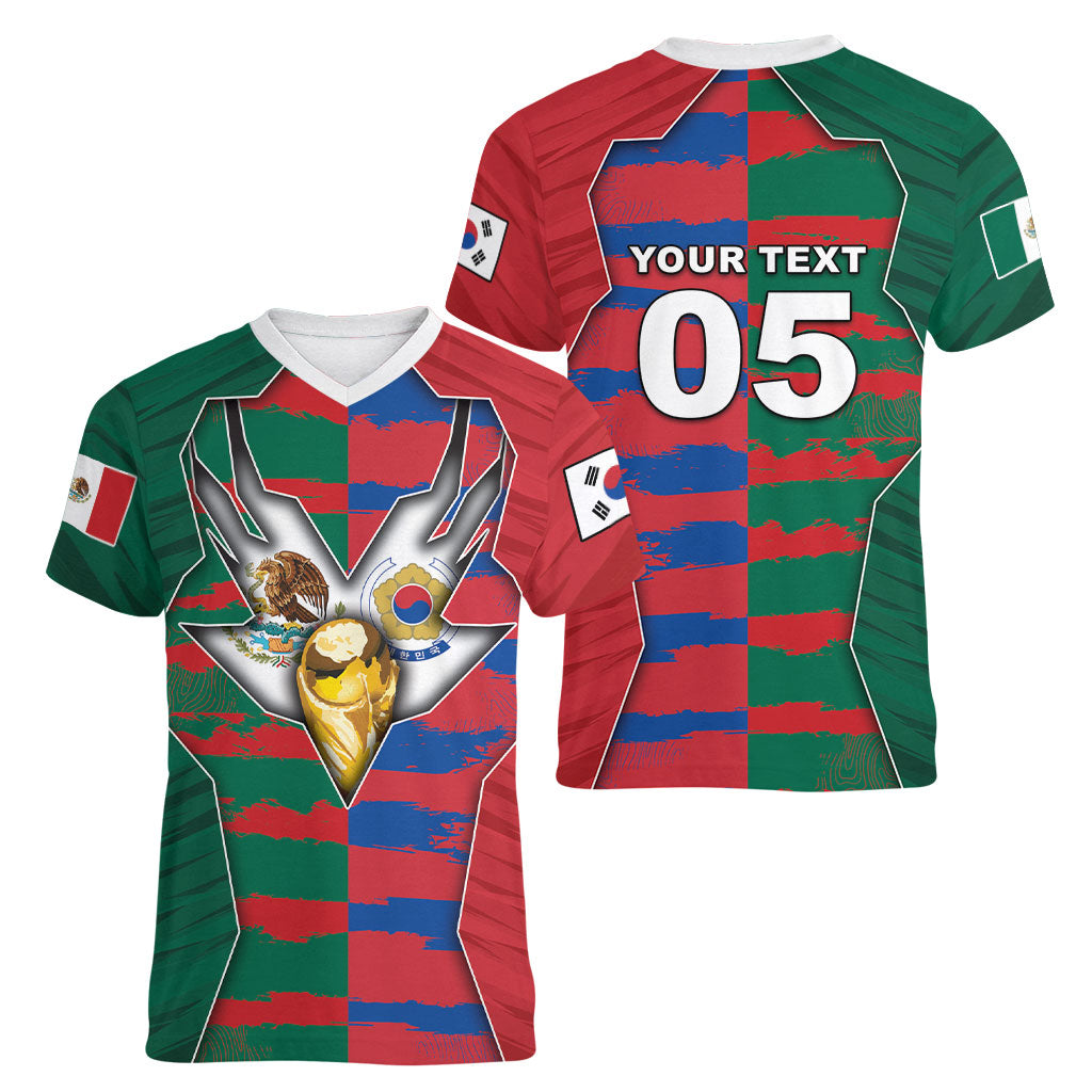 Custom Mexico And Korean Football Women V-Neck T-Shirt Split Flag Golden Trophy Grunge