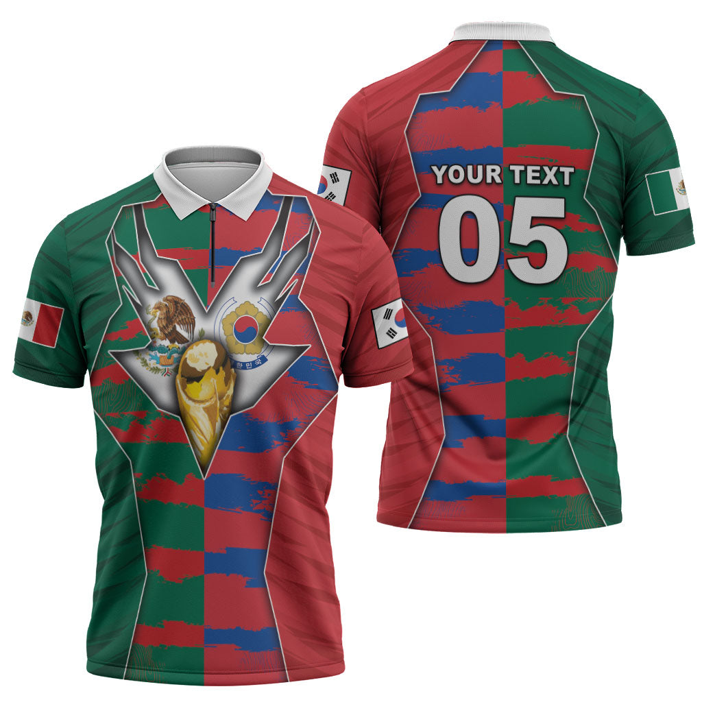 Custom Mexico And Korean Football Zipper Polo Shirt Split Flag Golden Trophy Grunge