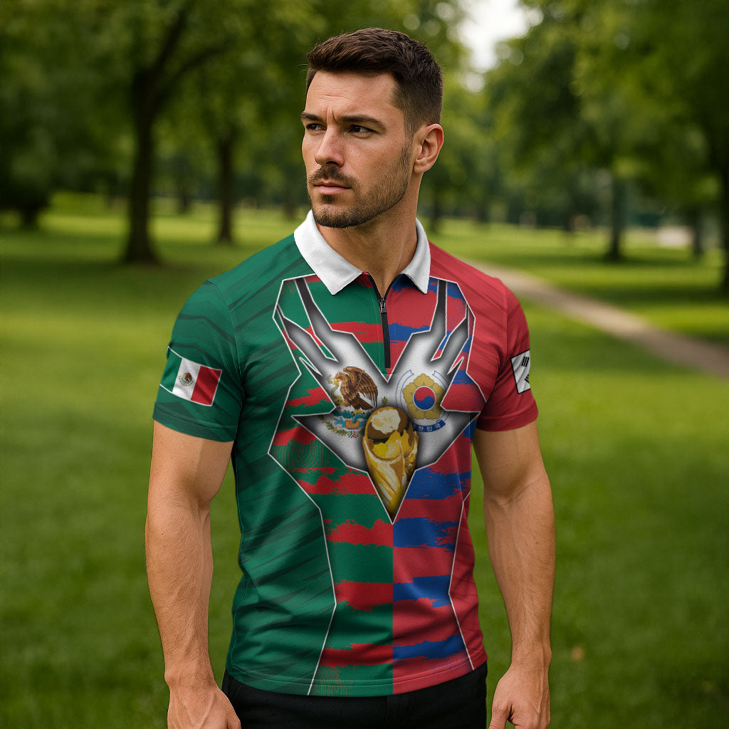 Custom Mexico And Korean Football Zipper Polo Shirt Split Flag Golden Trophy Grunge