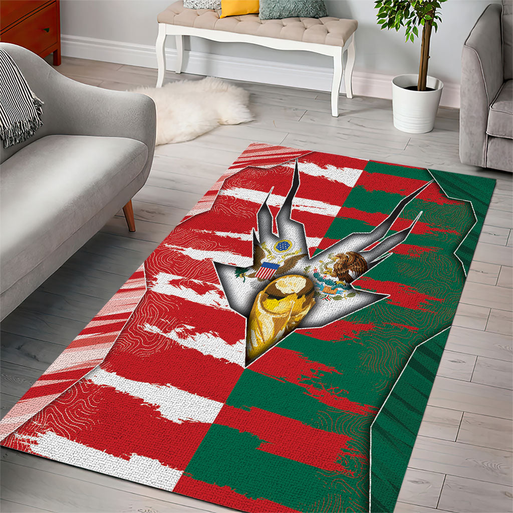 USA And Mexico Football Area Rug Split Flag Golden Trophy Grunge