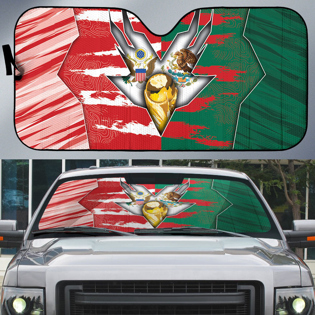 USA And Mexico Football Auto Sun Shade Split Flag Golden Trophy Grunge