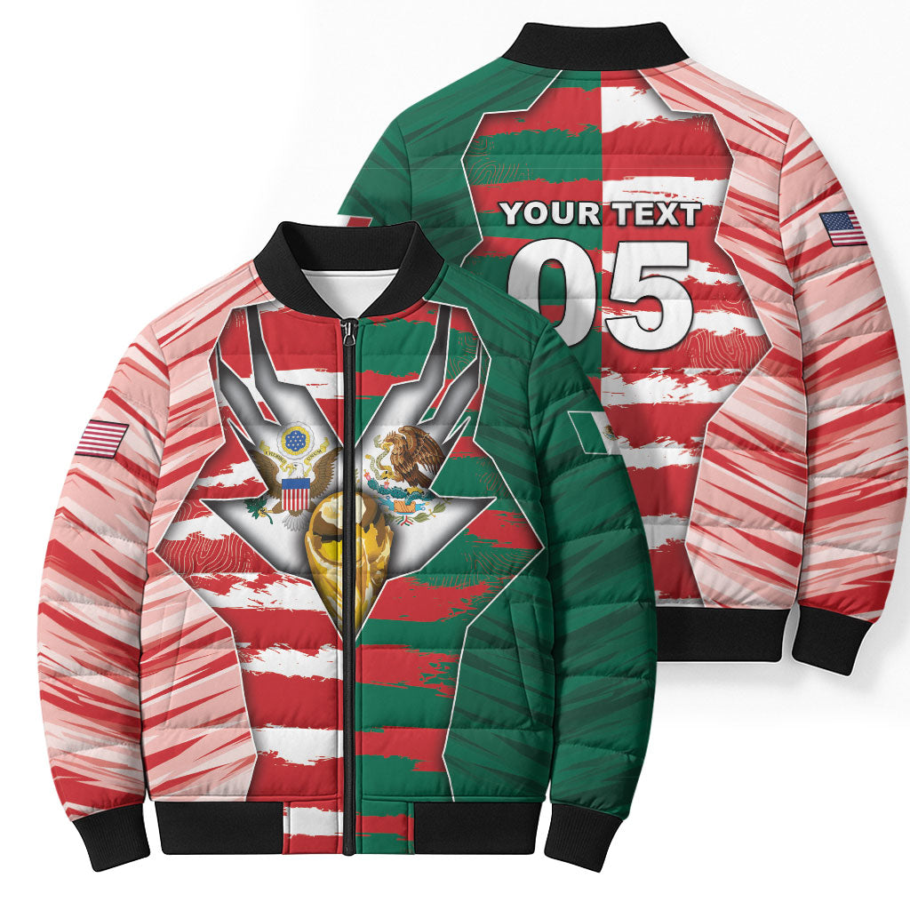 Custom USA And Mexico Football Bomber Puffer Jacket Split Flag Golden Trophy Grunge