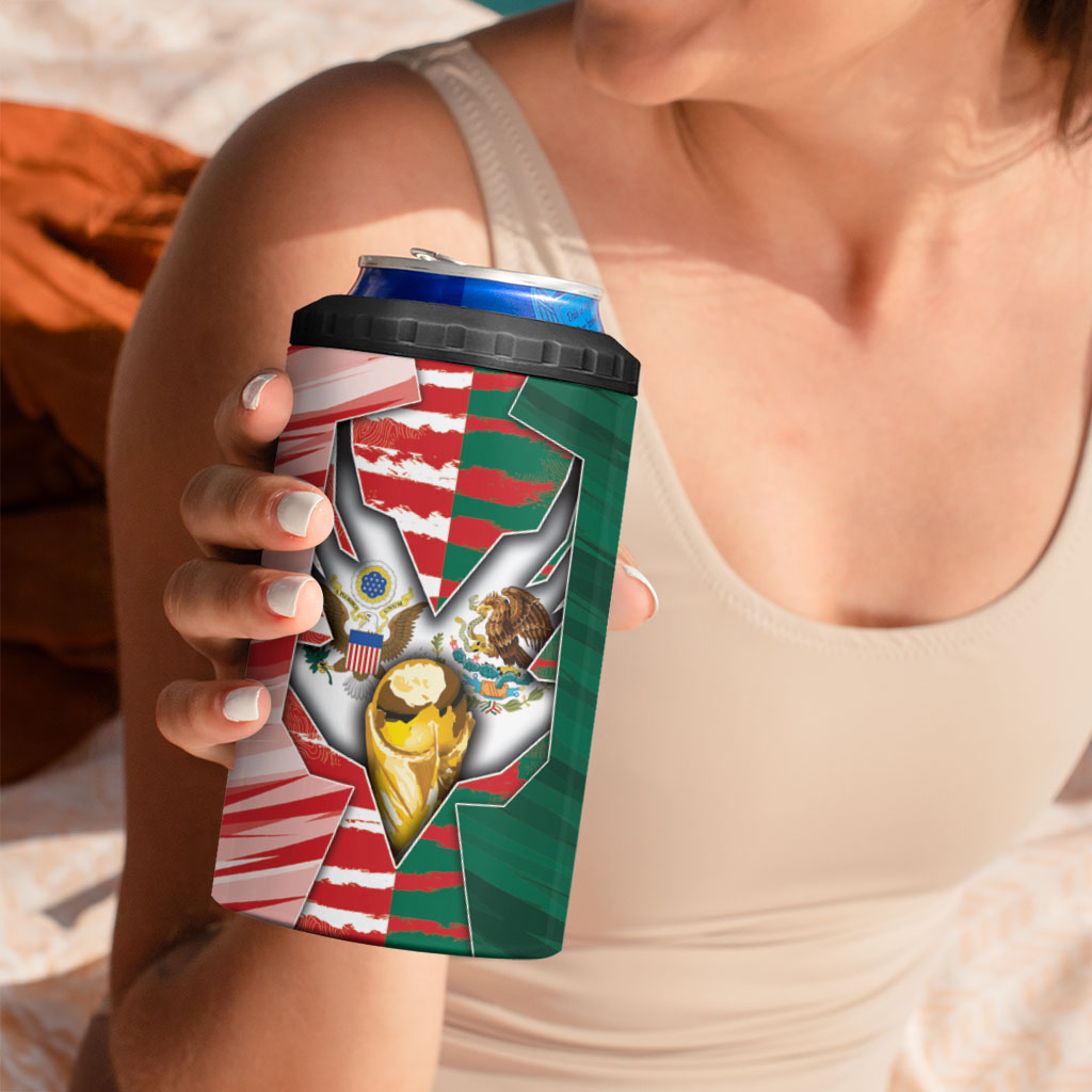 Custom USA And Mexico Football 4 in 1 Can Cooler Tumbler Split Flag Golden Trophy Grunge