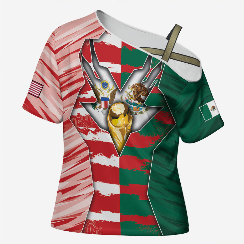 Custom USA And Mexico Football Cross Shoulder Shirt Split Flag Golden Trophy Grunge