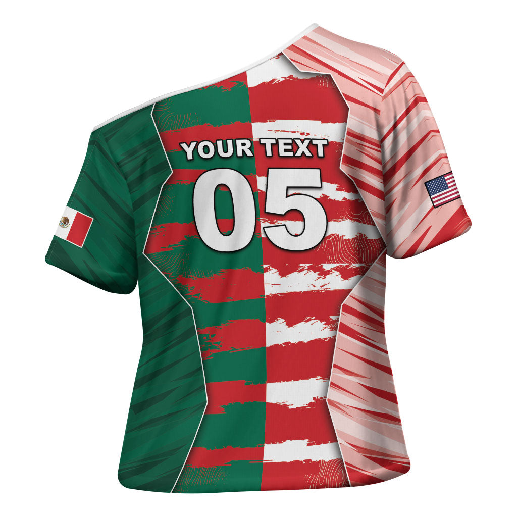 Custom USA And Mexico Football Cross Shoulder Shirt Split Flag Golden Trophy Grunge