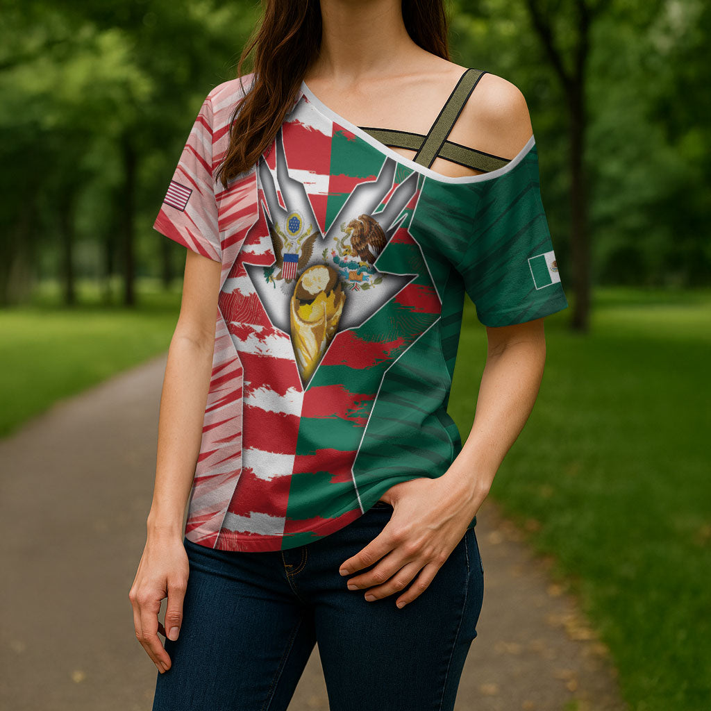 Custom USA And Mexico Football Cross Shoulder Shirt Split Flag Golden Trophy Grunge