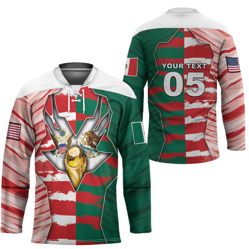 Custom USA And Mexico Football Hockey Jersey Split Flag Golden Trophy Grunge