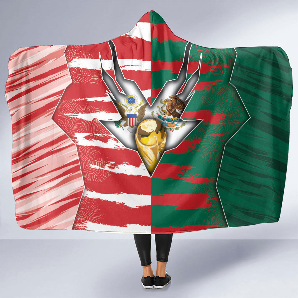 USA And Mexico Football Hooded Blanket Split Flag Golden Trophy Grunge