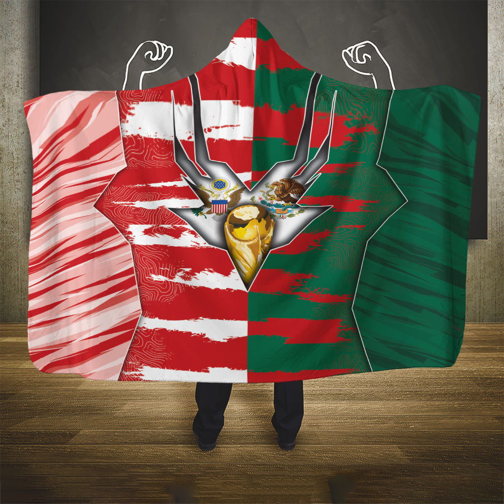 USA And Mexico Football Hooded Blanket Split Flag Golden Trophy Grunge