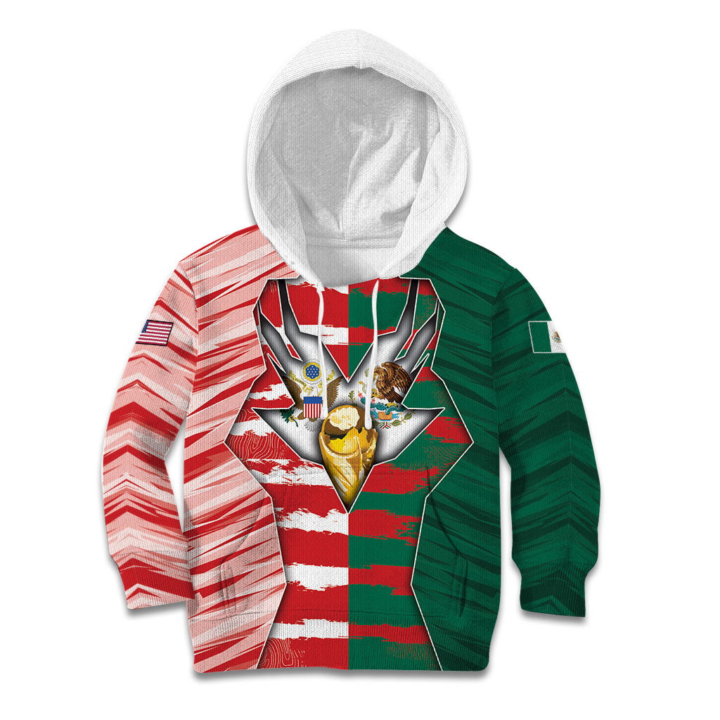 Custom USA And Mexico Football Kid Hoodie Split Flag Golden Trophy Grunge