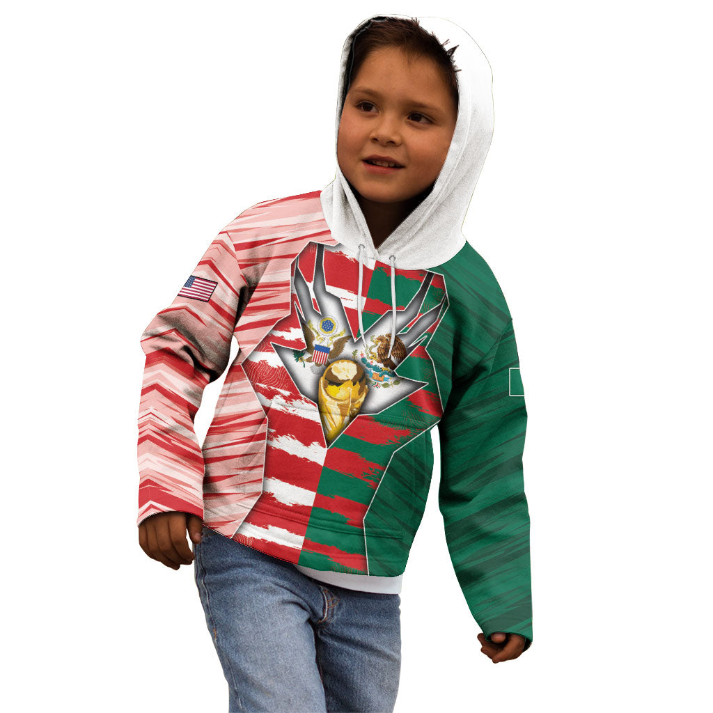 Custom USA And Mexico Football Kid Hoodie Split Flag Golden Trophy Grunge