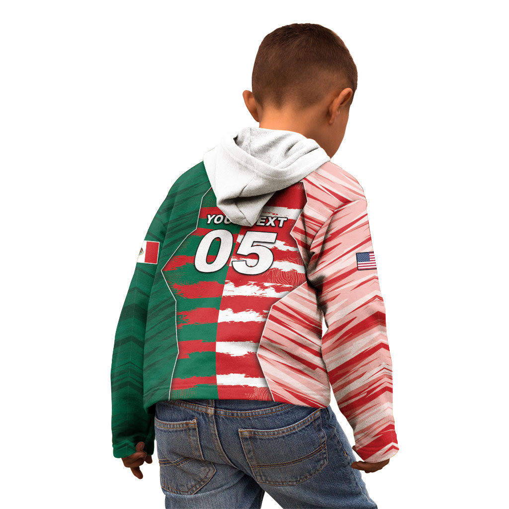 Custom USA And Mexico Football Kid Hoodie Split Flag Golden Trophy Grunge