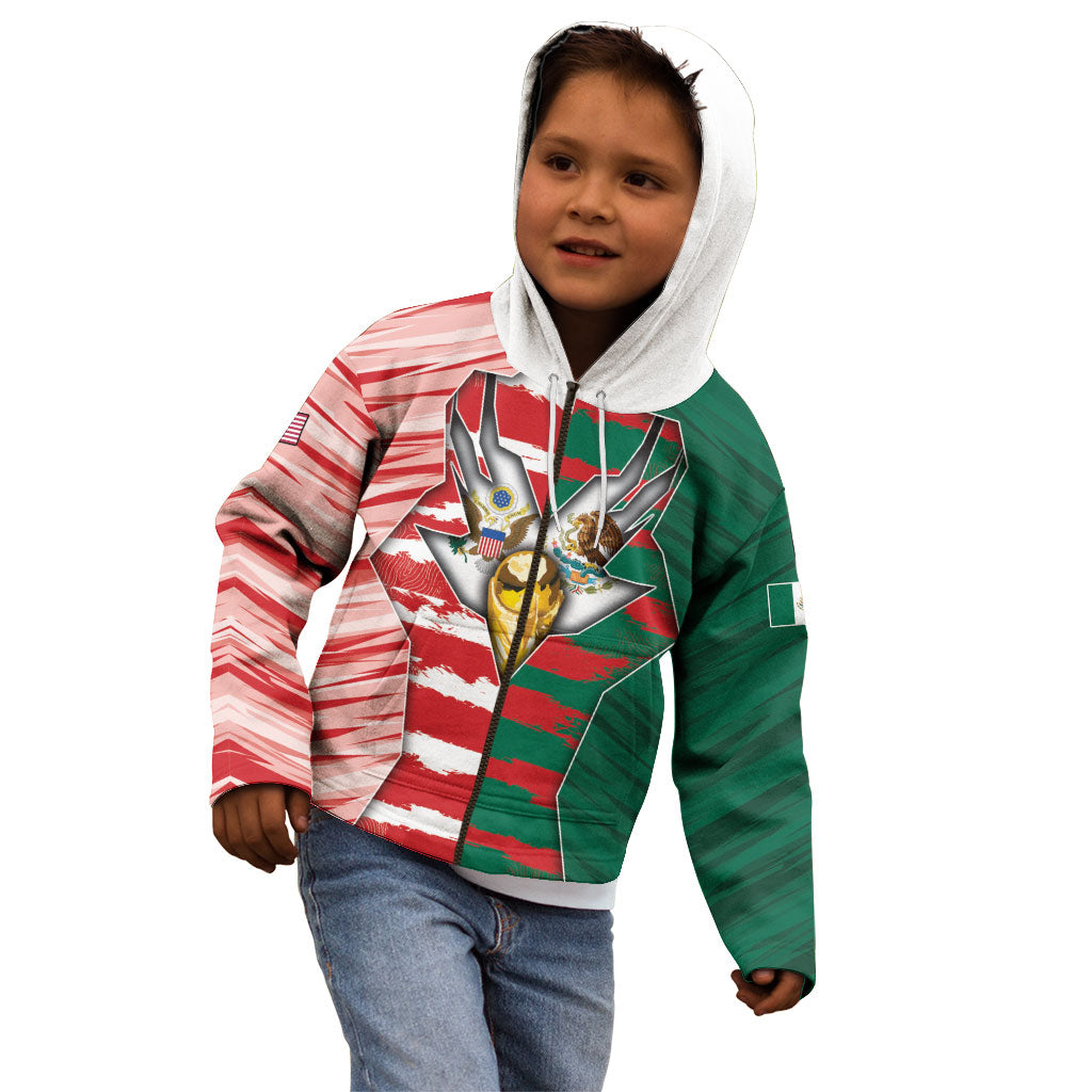 Custom USA And Mexico Football Kid Hoodie Split Flag Golden Trophy Grunge
