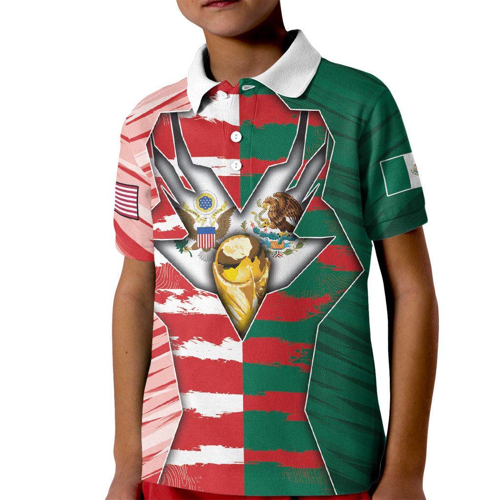 Custom USA And Mexico Football Kid Polo Shirt Split Flag Golden Trophy Grunge