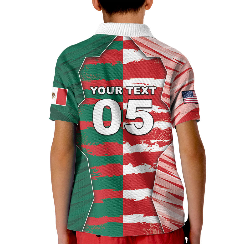 Custom USA And Mexico Football Kid Polo Shirt Split Flag Golden Trophy Grunge