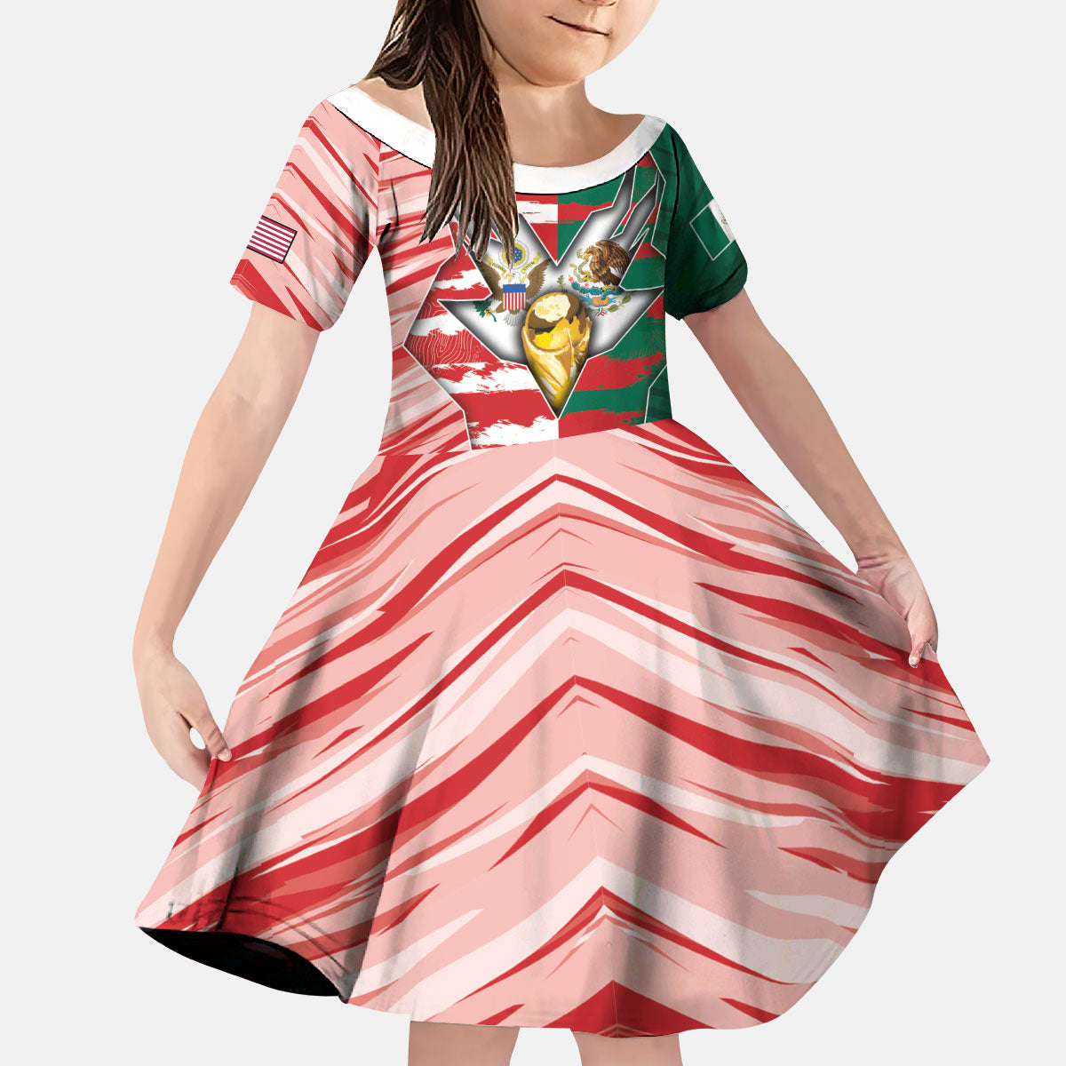 Custom USA And Mexico Football Kid Short Sleeve Dress Split Flag Golden Trophy Grunge